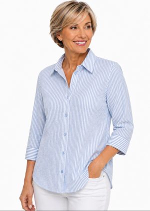 Grenouille - 3/4 Sleeve Blue Stripe Shirt (100B)